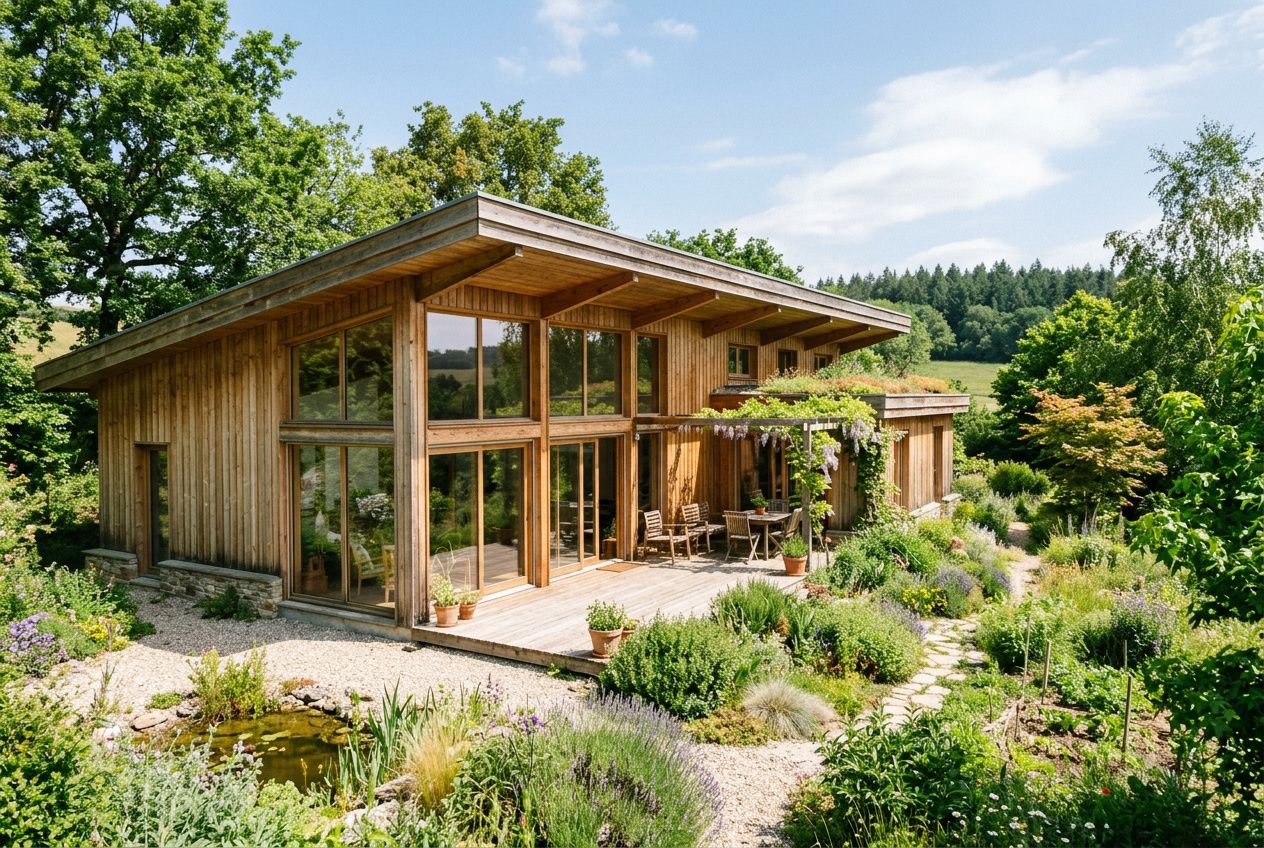 Maison bioclimatique à ossature bois entourée d’un jardin verdoyant, terrasse avec mobilier, large façade vitrée. maison bioclimatique constructeur intégré.