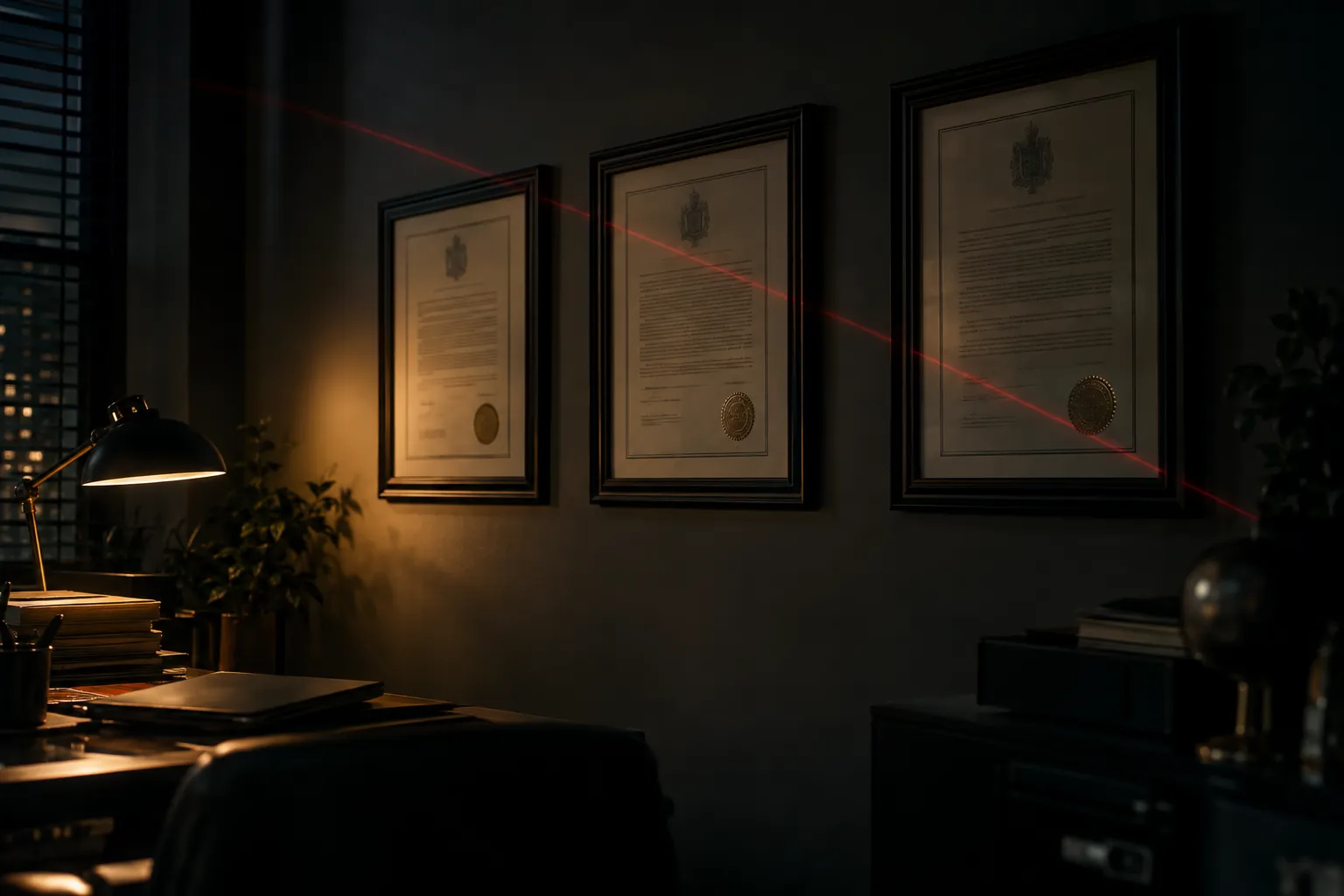Trois diplômes encadrés accrochés au mur d’un bureau sombre.