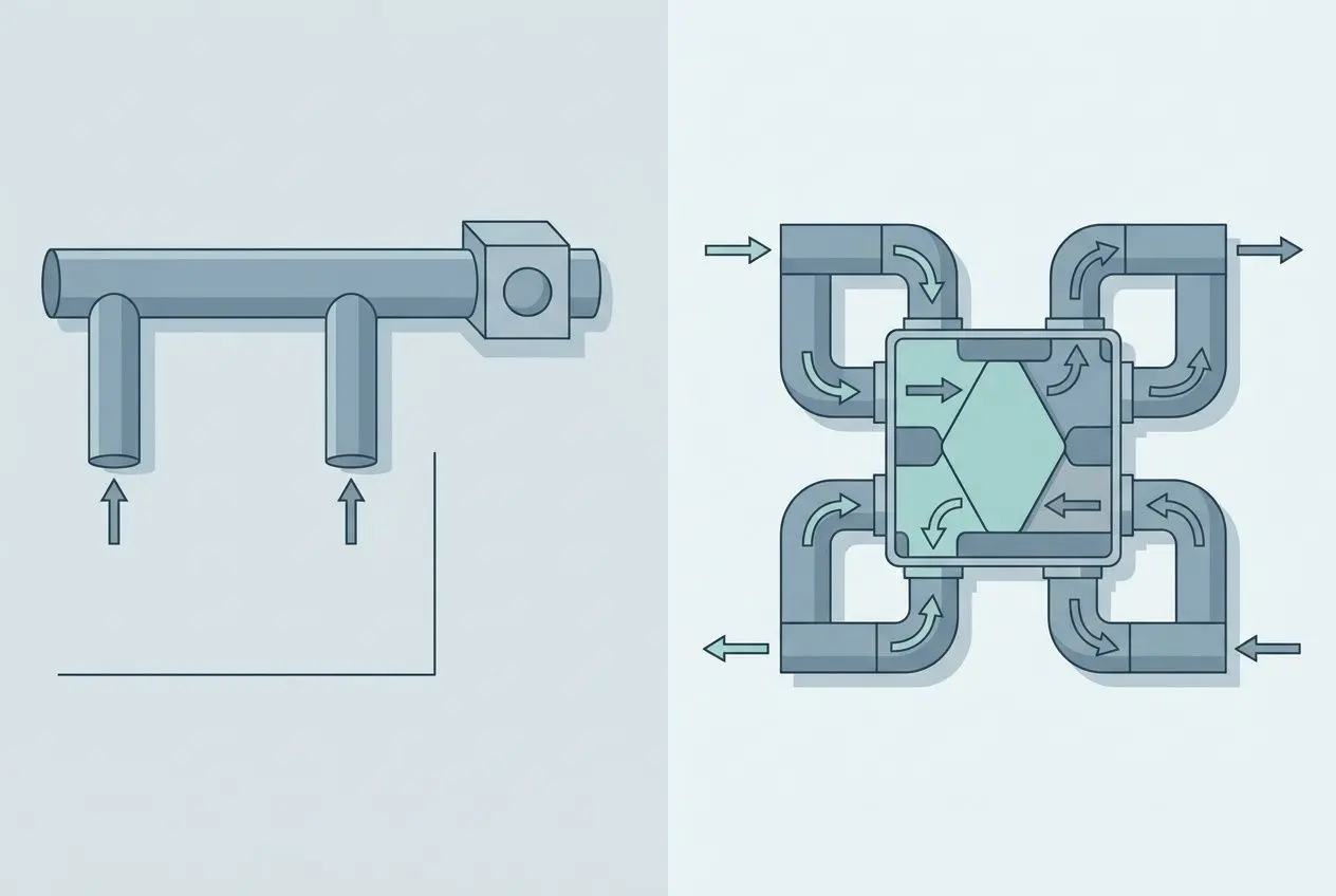 Schéma technique montrant une VMC et ses conduits : entrée d’air et gaînes, puis mécanisme croisé interne en forme de faisceau, illustrant le fonctionnement récent. Dans l’ensemble, l’image peut servir à comprendre un remplacement vmc simple flux par double flux.