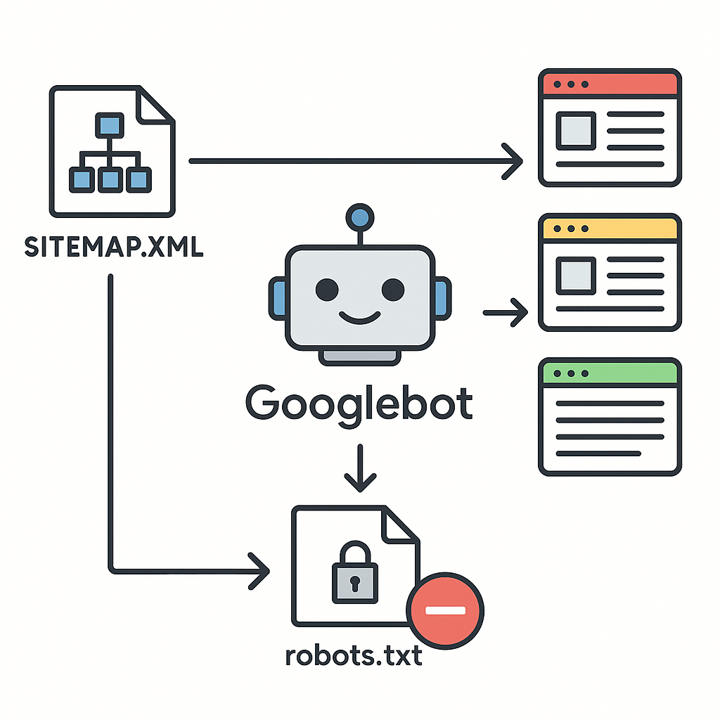Schéma du fonctionnement de l'indexation Google : le sitemap guide le robot qui est bloqué par le fichier robots.txt pour certaines pages.