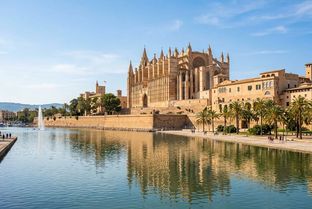 Vue panoramique de la cathédrale La Seu de Palma depuis le port avec réflexion en mer