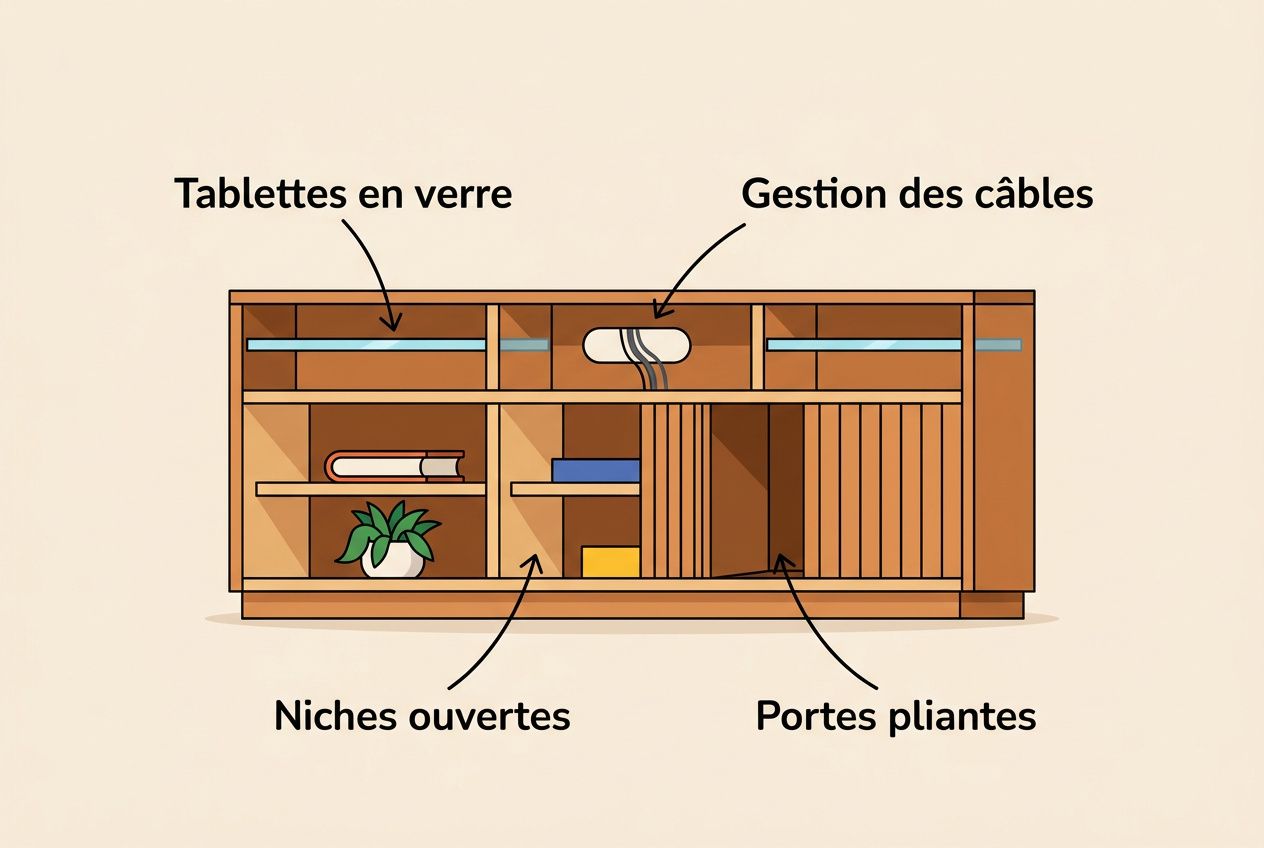 Meuble TV en bois avec rangement: tablettes en verre, gestion des câbles, niches ouvertes et portes pliantes pour optimiser l’espace. Intègre le concept « comment choisir meuble tv ».