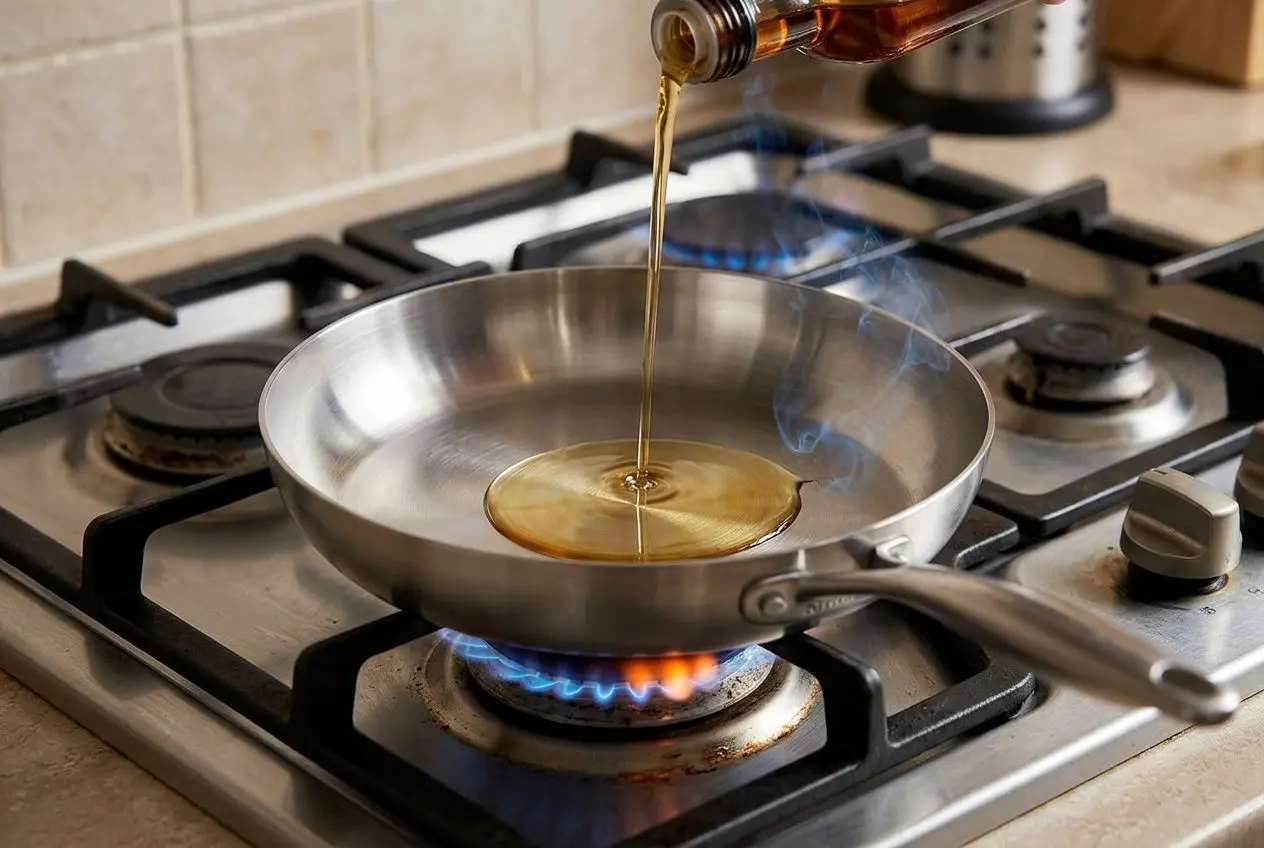 Versement d’huile dans une poêle en inox sur feu vif, prêt à culotter pour améliorer le moment de cuisson.