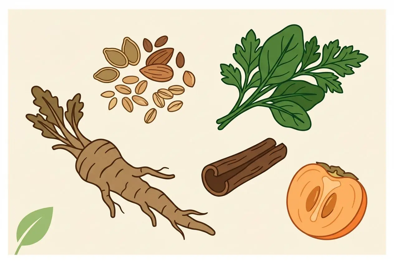 Variétés de produits alimentaires issus des plantes: racine de ginseng, graines variées, feuilles vertes, bâton de cannelle et tomate orange.