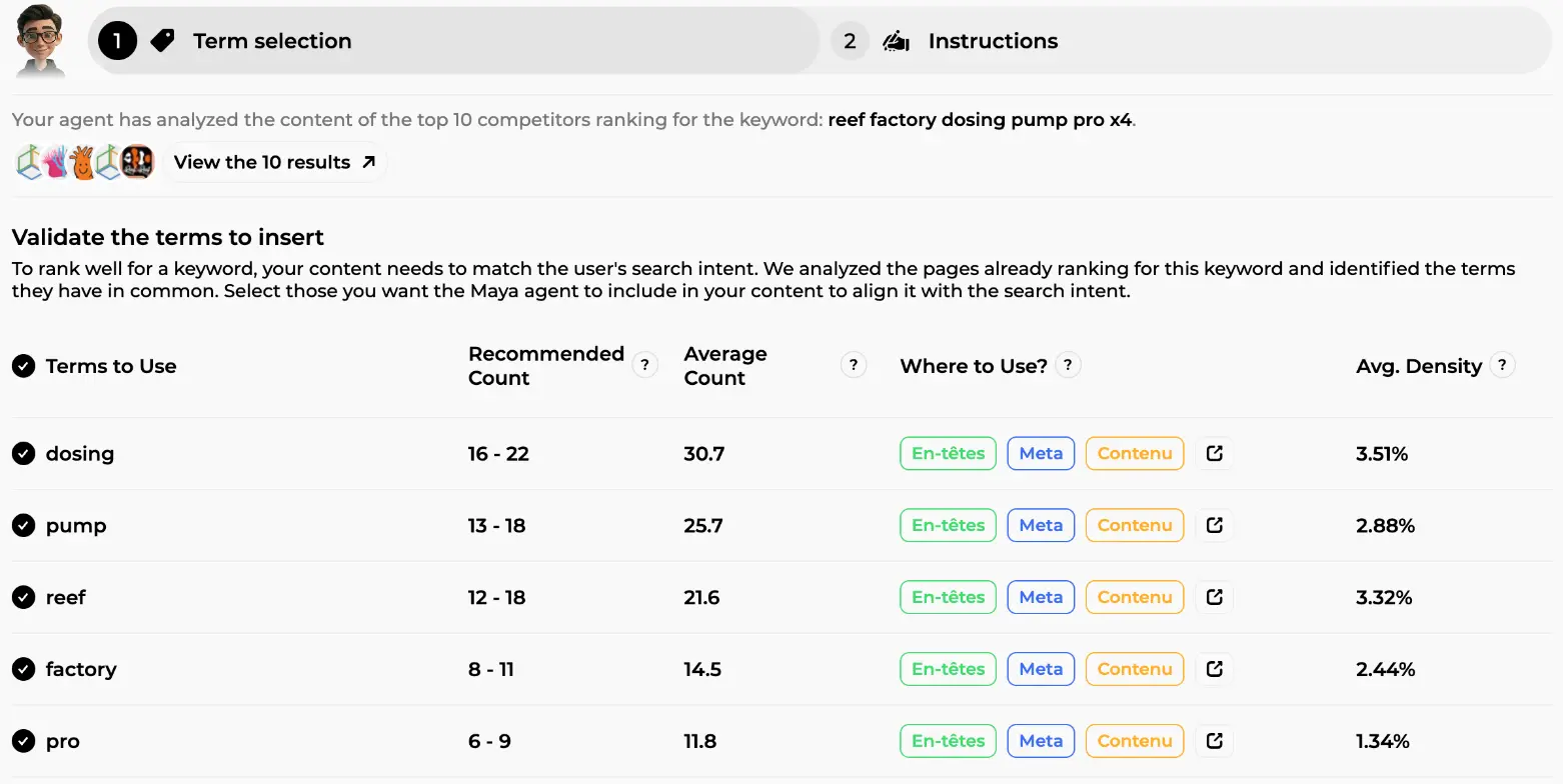 Term selection step: table of semantic terms with recommended count, average count, Where to Use badges and average density