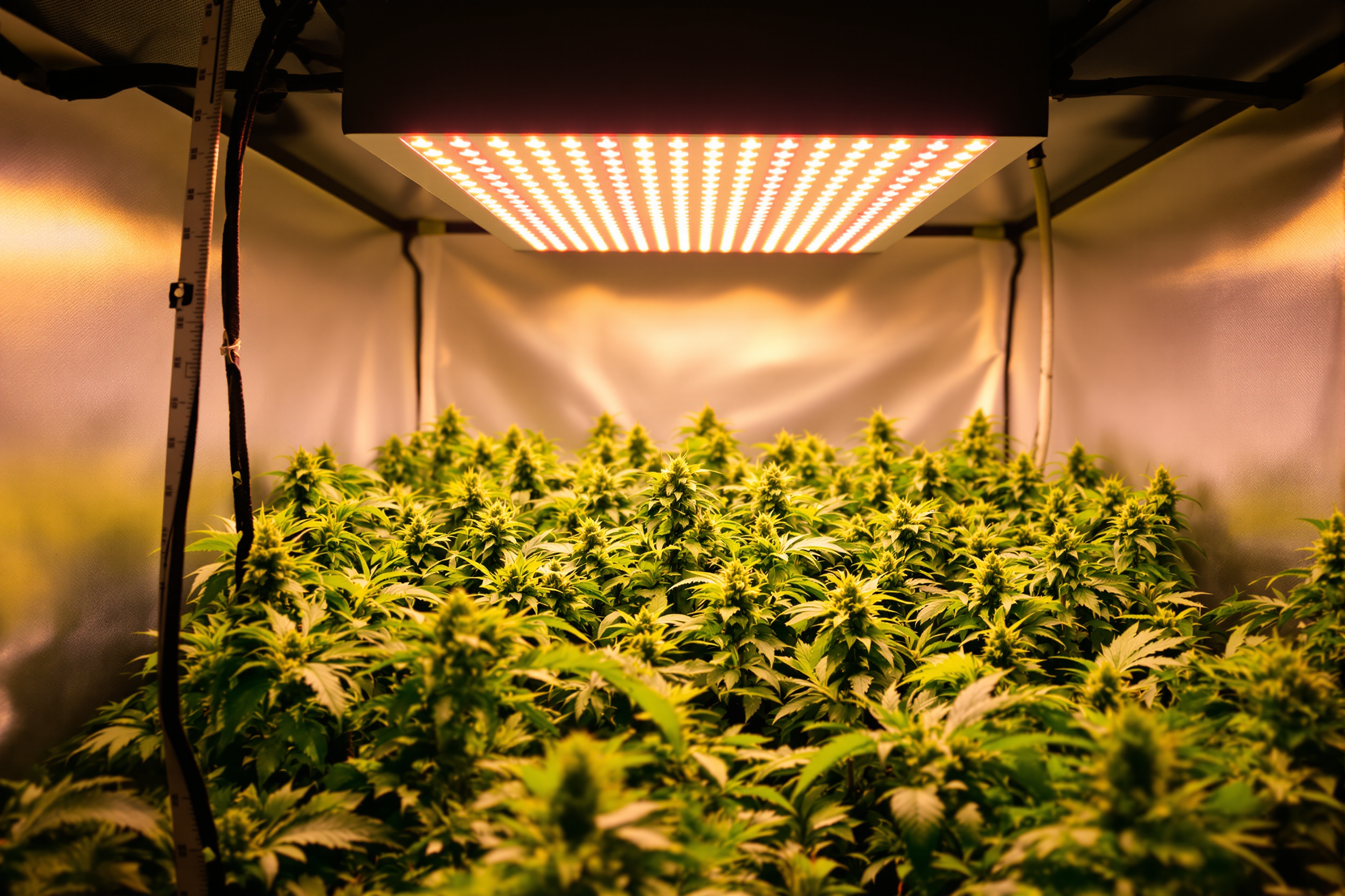 LED-Panel Lumatek Attis 300W über einem Indoor-Garten aufgehängt