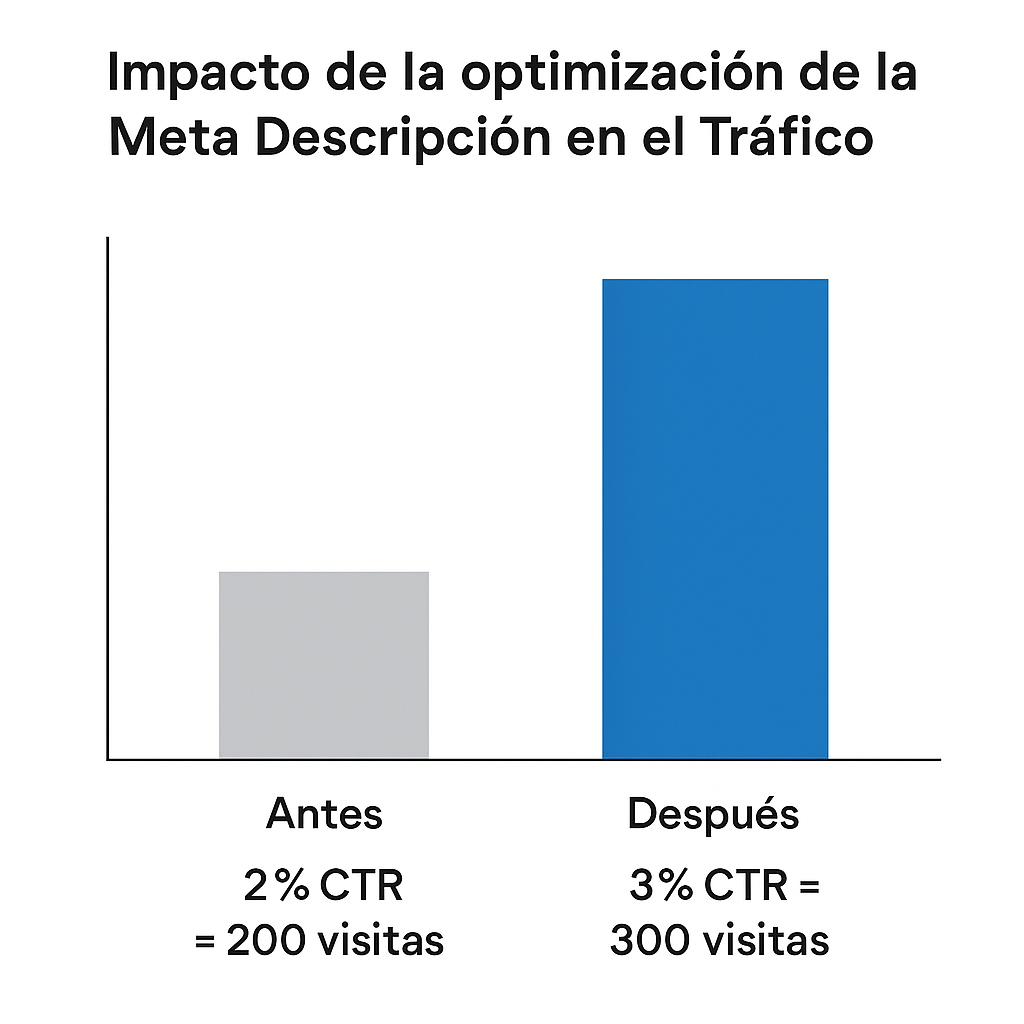 Gráfico de barras que demuestra el aumento del tráfico orgánico al mejorar el CTR de la meta descripción de un 2% a un 3%.