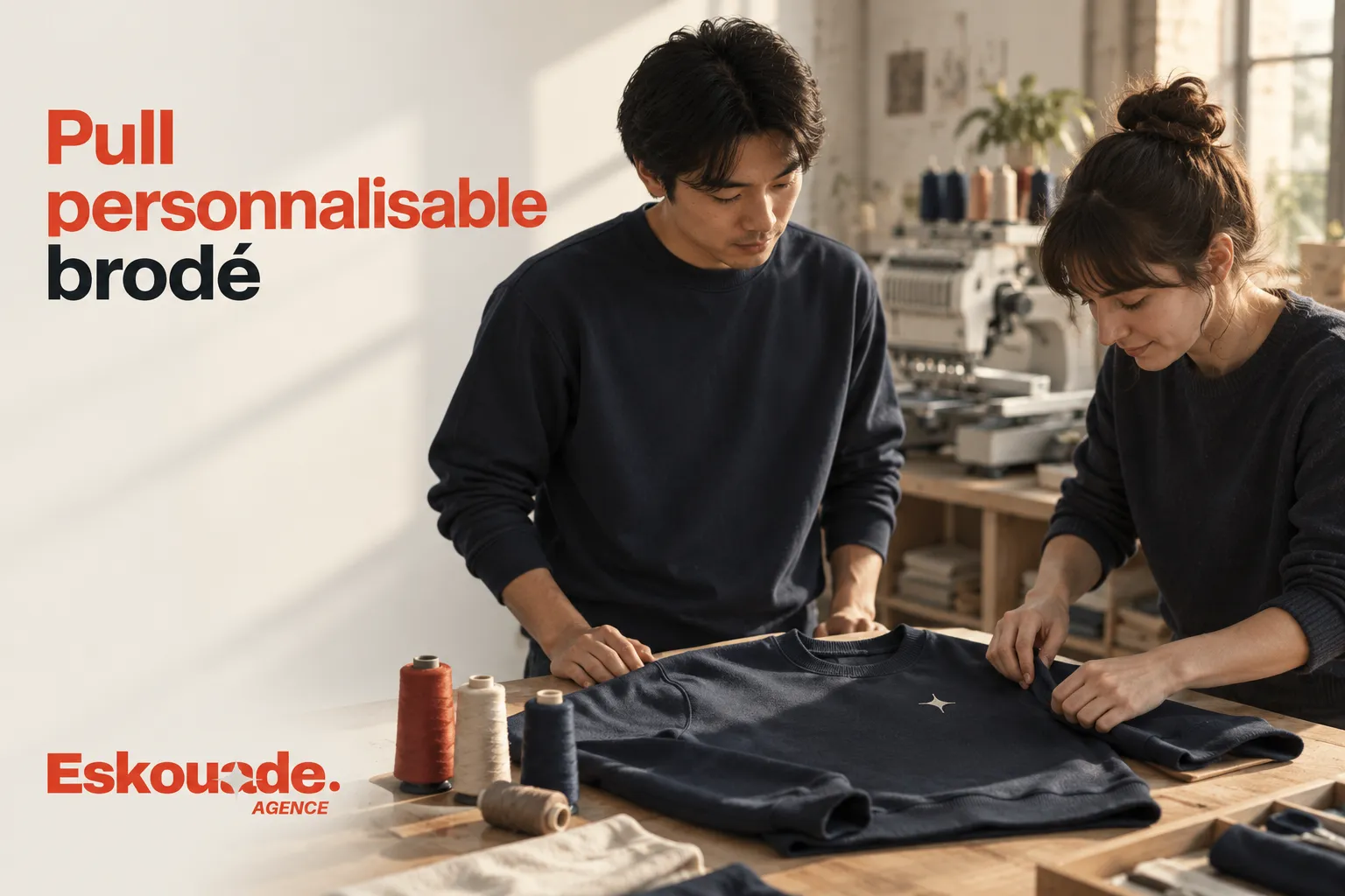 Pull personnalisable col rond bleu marine avec logo brodé côté cœur, contrôlé dans un atelier de broderie