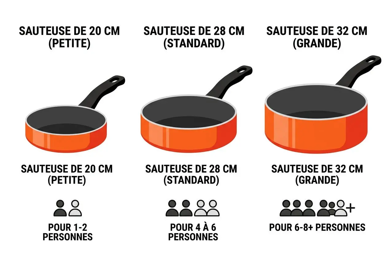 Sauteuse cuisine illustrant les tailles 20, 28 et 32 cm pour 1–2, 4–6 et 6+ personnes.