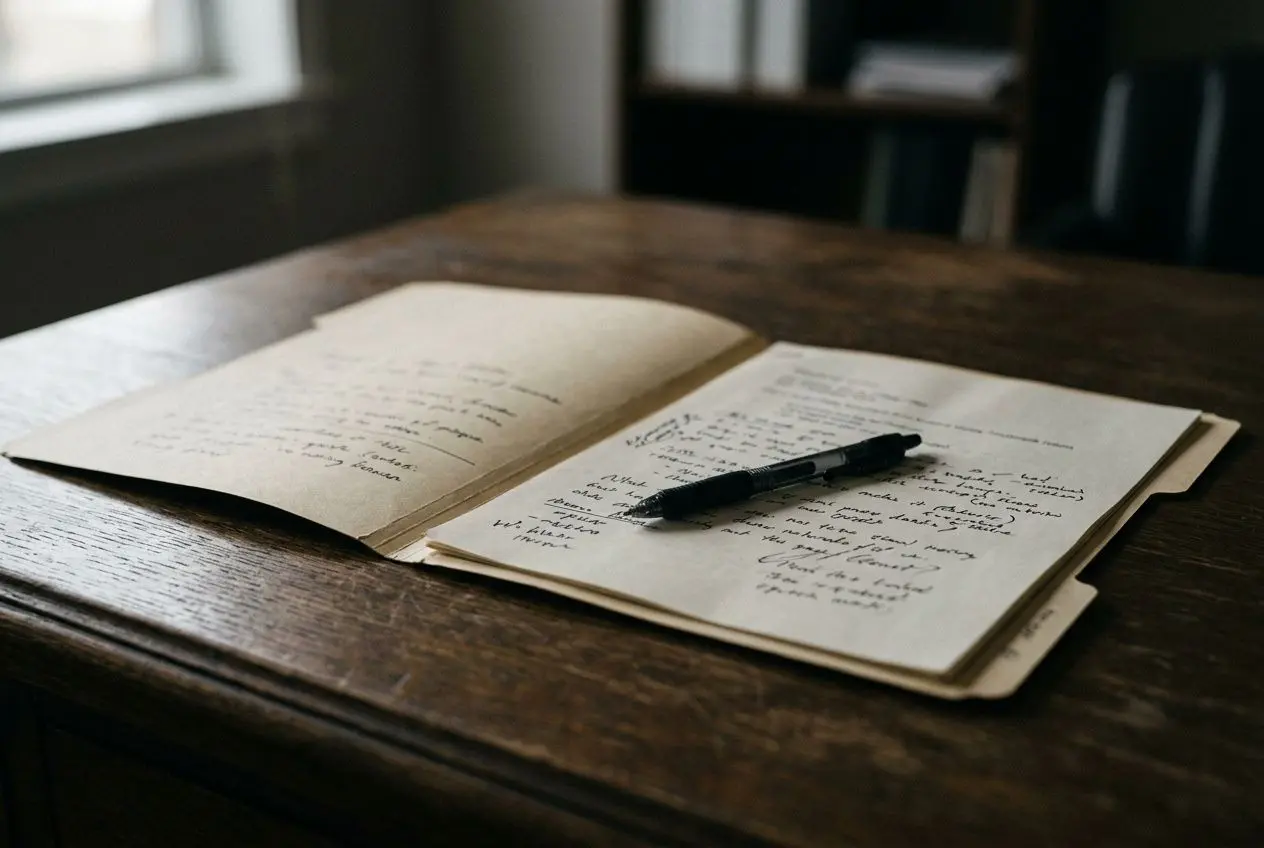 Pages ouvertes avec des notes écrites et un stylo sur un bureau en bois, évoquant un rapport d'enquête harcèlement.
