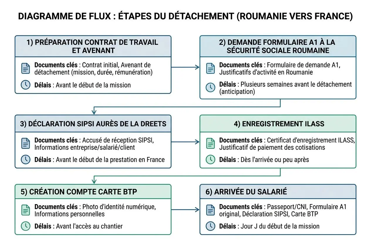 Diagramme de flux expliquant les étapes du détachement d’un salarié roumain vers la France, en lien avec travailleur détaché roumanie france.