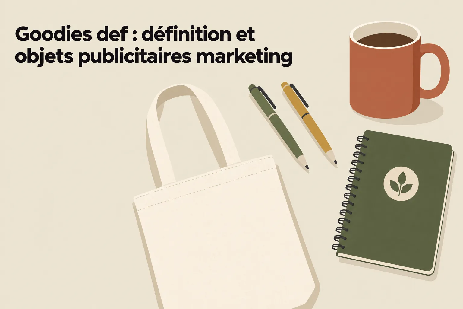 Goodies def : définition et objets publicitaires marketing, sac blanc, carnets et stylos, tasse sur fond clair.