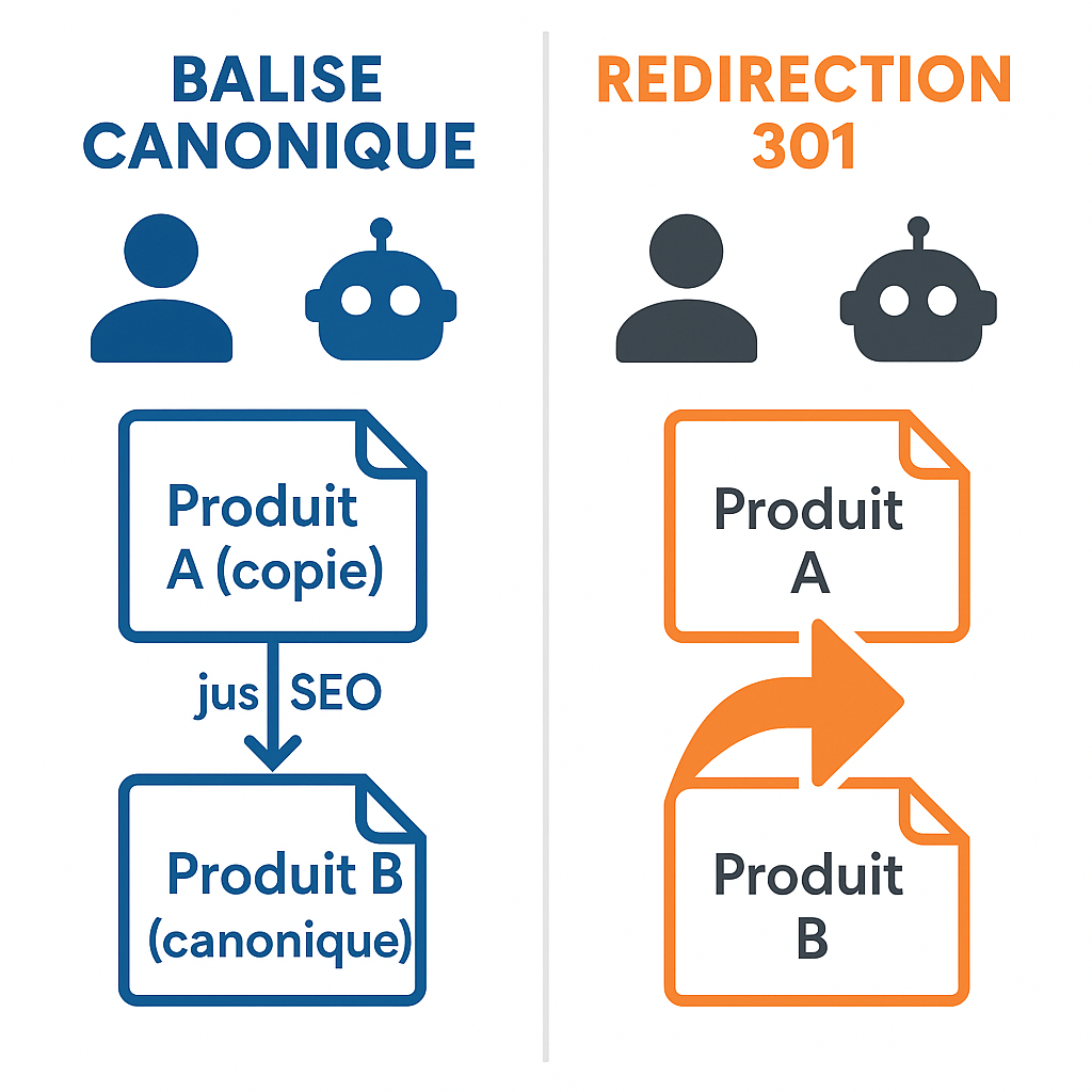 Diagramme comparatif montrant la différence entre une balise canonique, où le visiteur reste sur la page, et une redirection 301, où le visiteur est redirigé vers la nouvelle page.