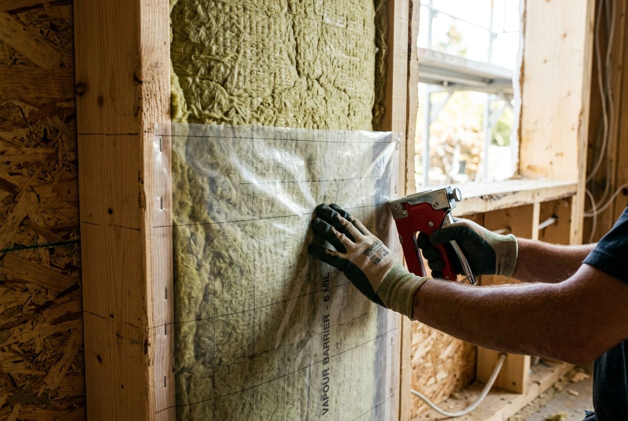 Application d’un pare-vapeur mur intérieur sur une ossature en bois lors d’un chantier d’isolation, avec outil et gants.