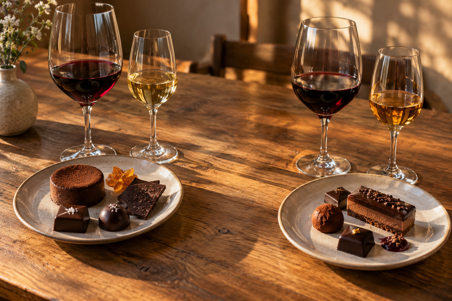 Assiette de desserts au chocolat et verres de vin rouge et blanc sur une table en bois.