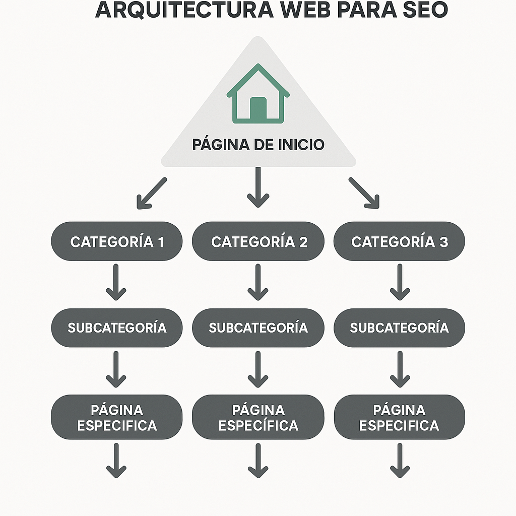 Diagrama de la arquitectura web piramidal que explica cómo la autoridad se distribuye desde la página de inicio hacia las categorías, subcategorías y páginas específicas para optimizar el SEO.