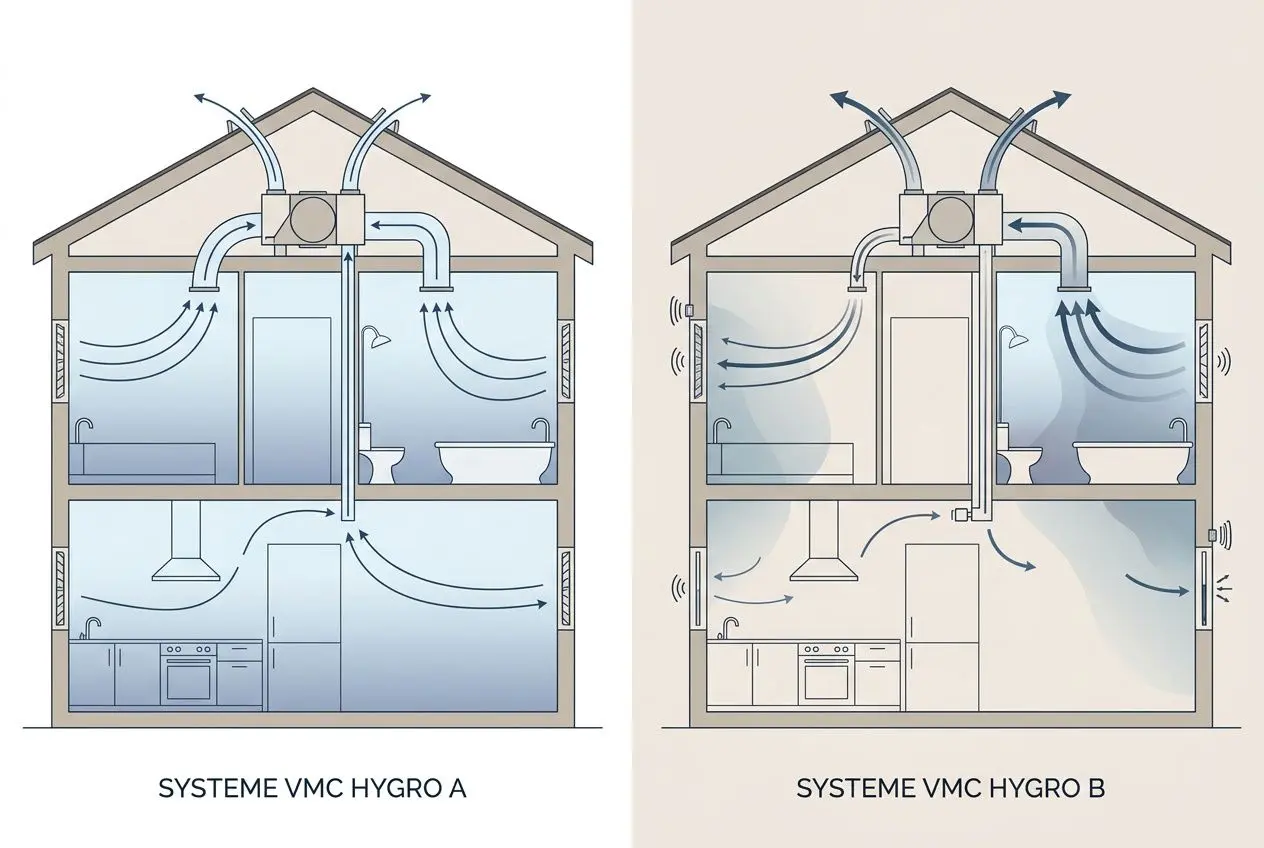 Schéma comparatif d’un système VMC hygroréglable type A ou B dans une maison, montrant les entrées et sorties d’air, les flux d’air et l’installation domotique associée.