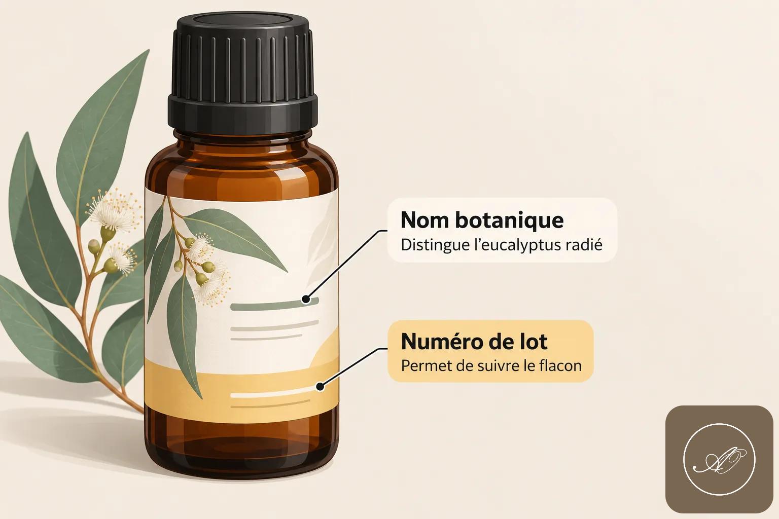 Flacon en verre ambré avec bouchon noir et étiquettes, entouré de branches d’eucalyptus.