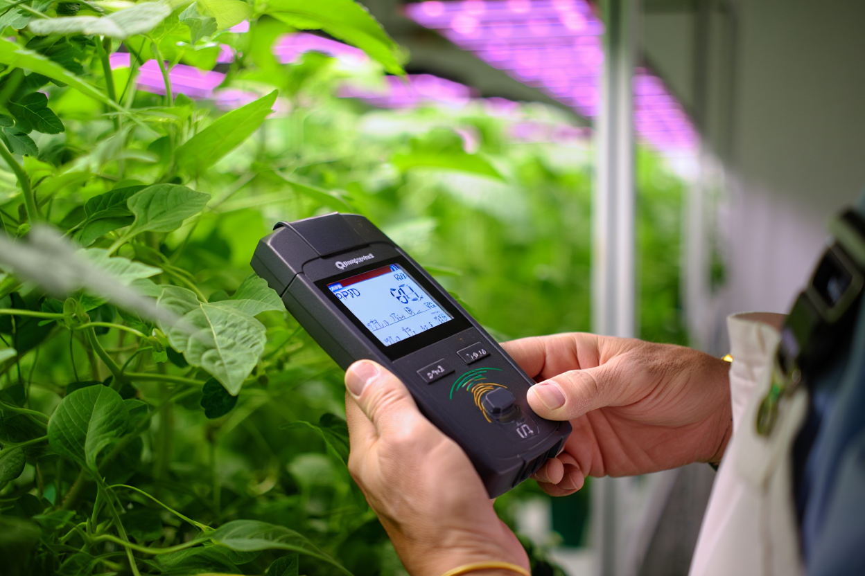 Cultivateur utilisant un ppfd meter pour mesurer l'intensité lumineuse