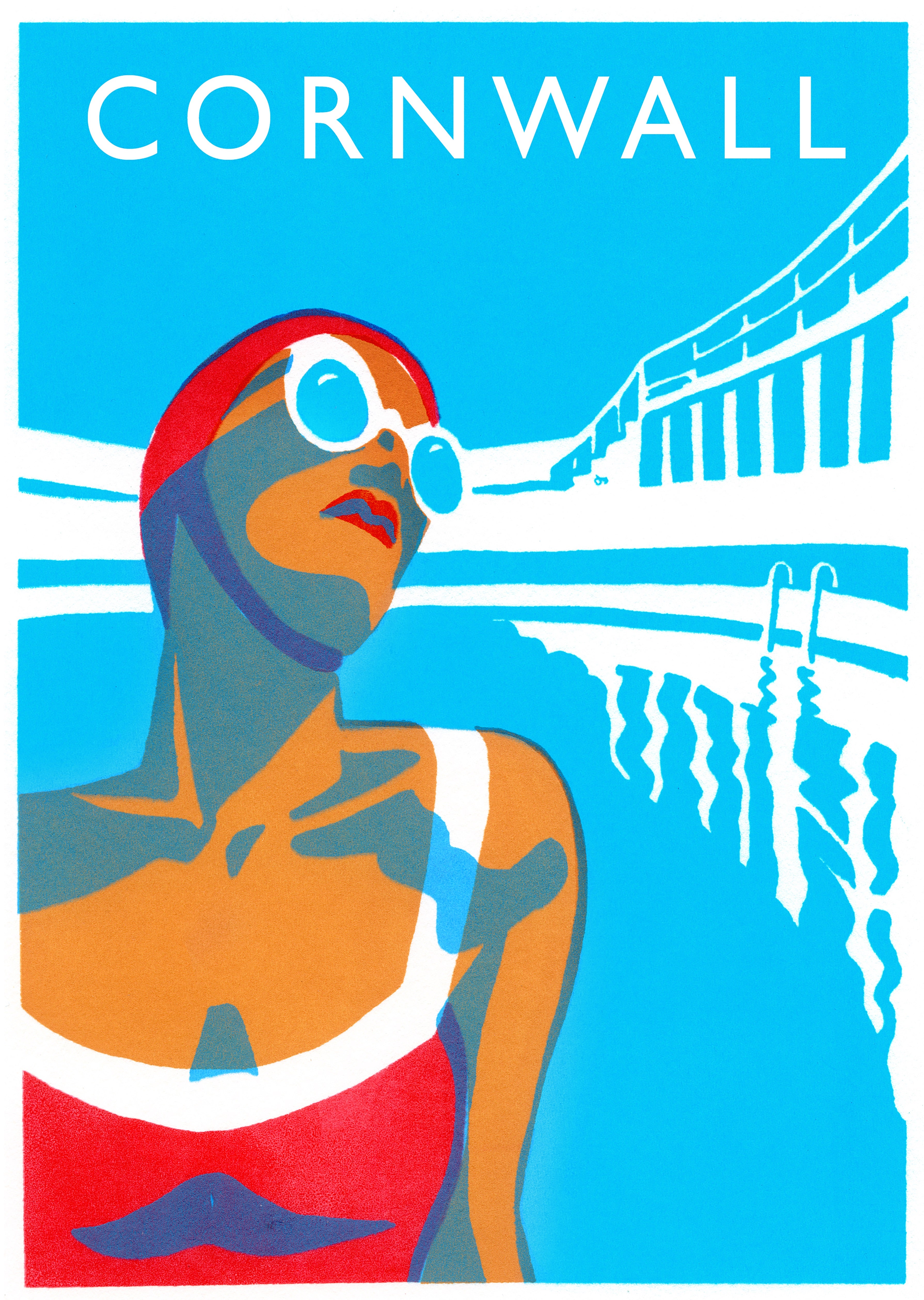 Bright stylised poster of a swimmer in sunglasses looking up, with a blue sky and a curved coastal structure in the background; text reads “CORNWALL.”