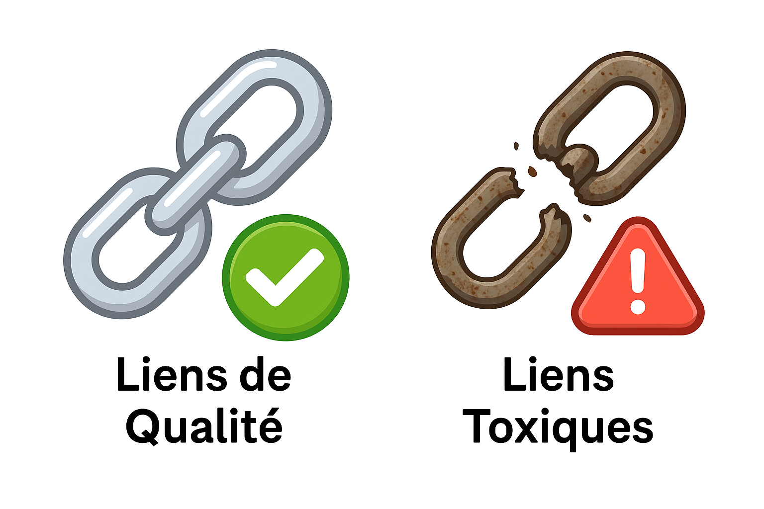 Comparaison entre un lien de qualité, symbolisé par une chaîne solide, et un lien toxique, représenté par une chaîne rouillée et brisée.