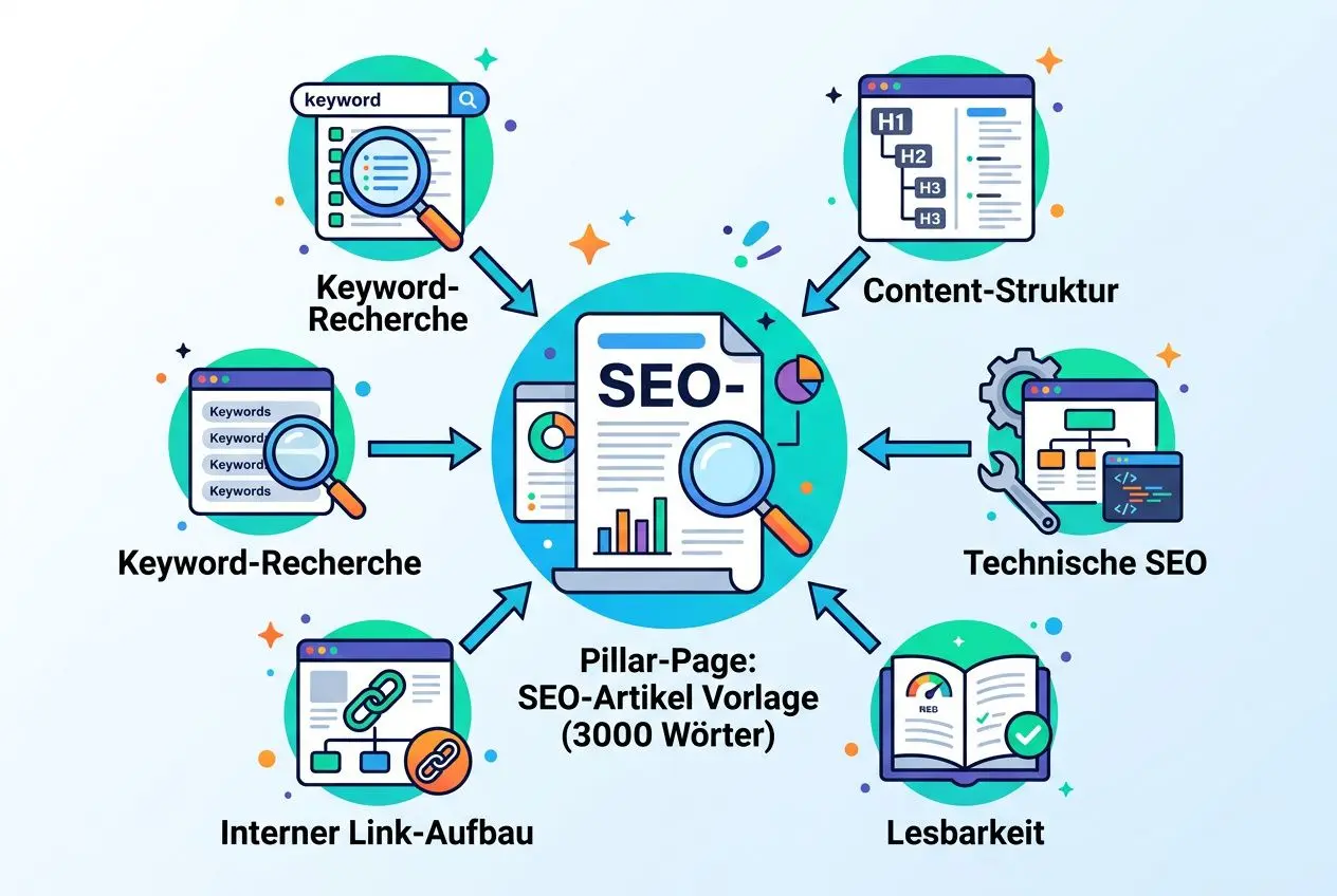 SEO artikel vorlage im Mittelpunkt: zentrale Grafik zeigt Pillar-Page mit SEO-Artikel Vorlage (3000 Wörter) und Zuordnung zu Keyword-Recherche, Content-Struktur, Technische SEO, Lesbarkeit und interne Verlinkung