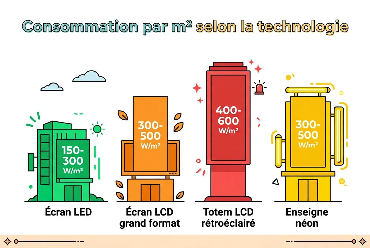 Consommation électrique d'un écran géant led illustrée par différentes technologies: écran LED, écran LCD grand format, totem LCD rétroéclairé et enseigne néon, avec des valeurs en W/m².