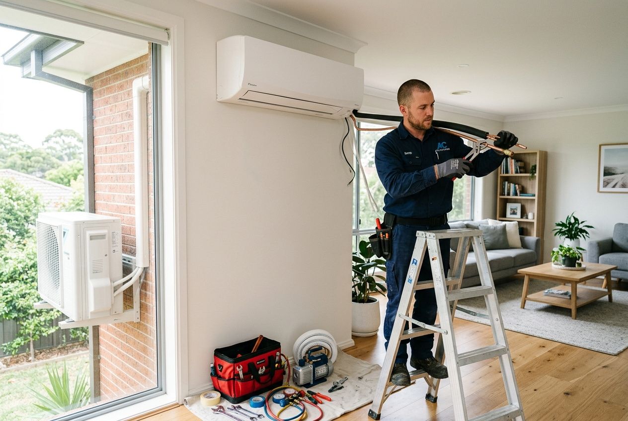 Installation d’une climatisation réversible en intérieur : technicien sur échelle, outils et unité murale prête, ambiance lumineuse et salon au décor moderne. prix climatisation réversible pose comprise.