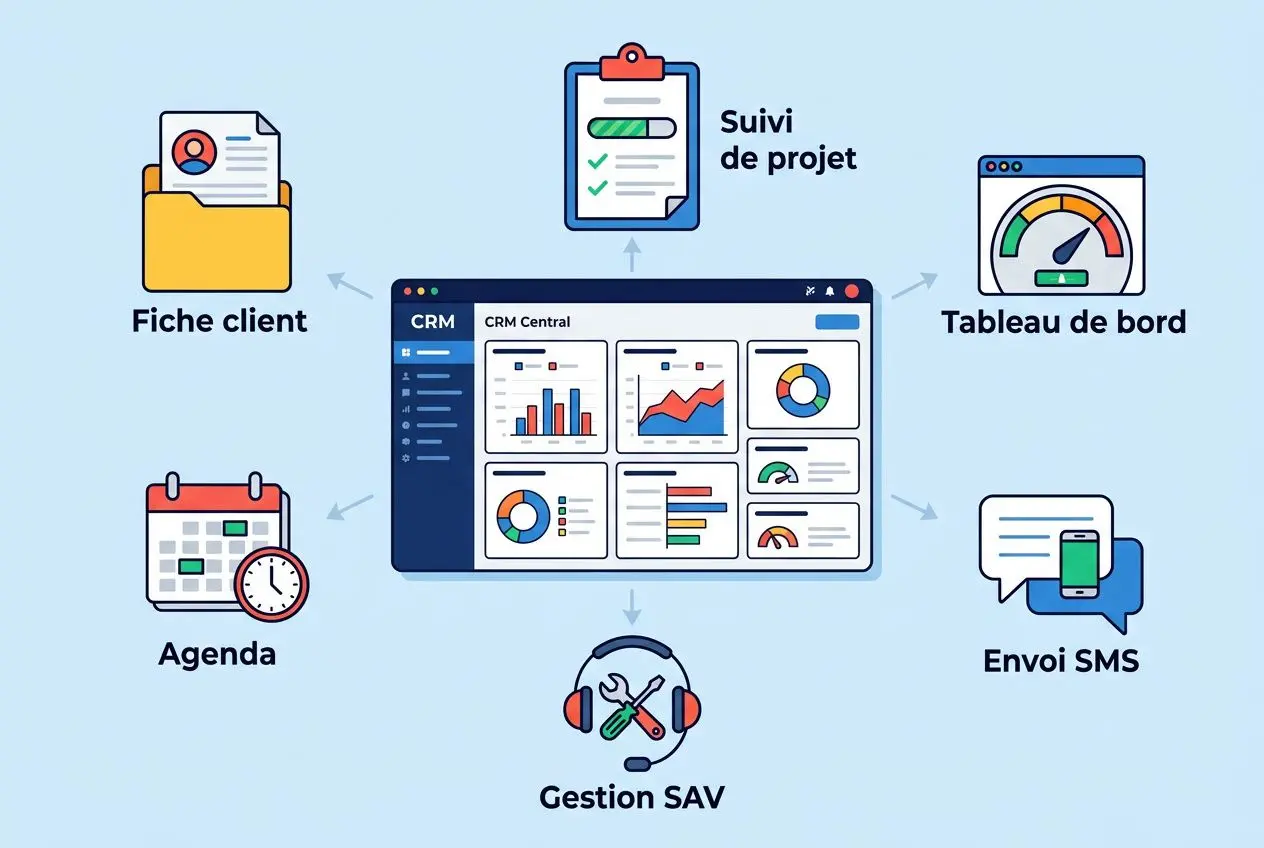 Illustration d’un tableau de bord CRM central affichant divers modules: suivi de projet, fiche client, agenda, gestion SAV, envoi SMS, gestion de flotte d’outils, avec flèches reliant chaque fonction au tableau de bord. Intègre le sujet : “comment choisir un crm”.