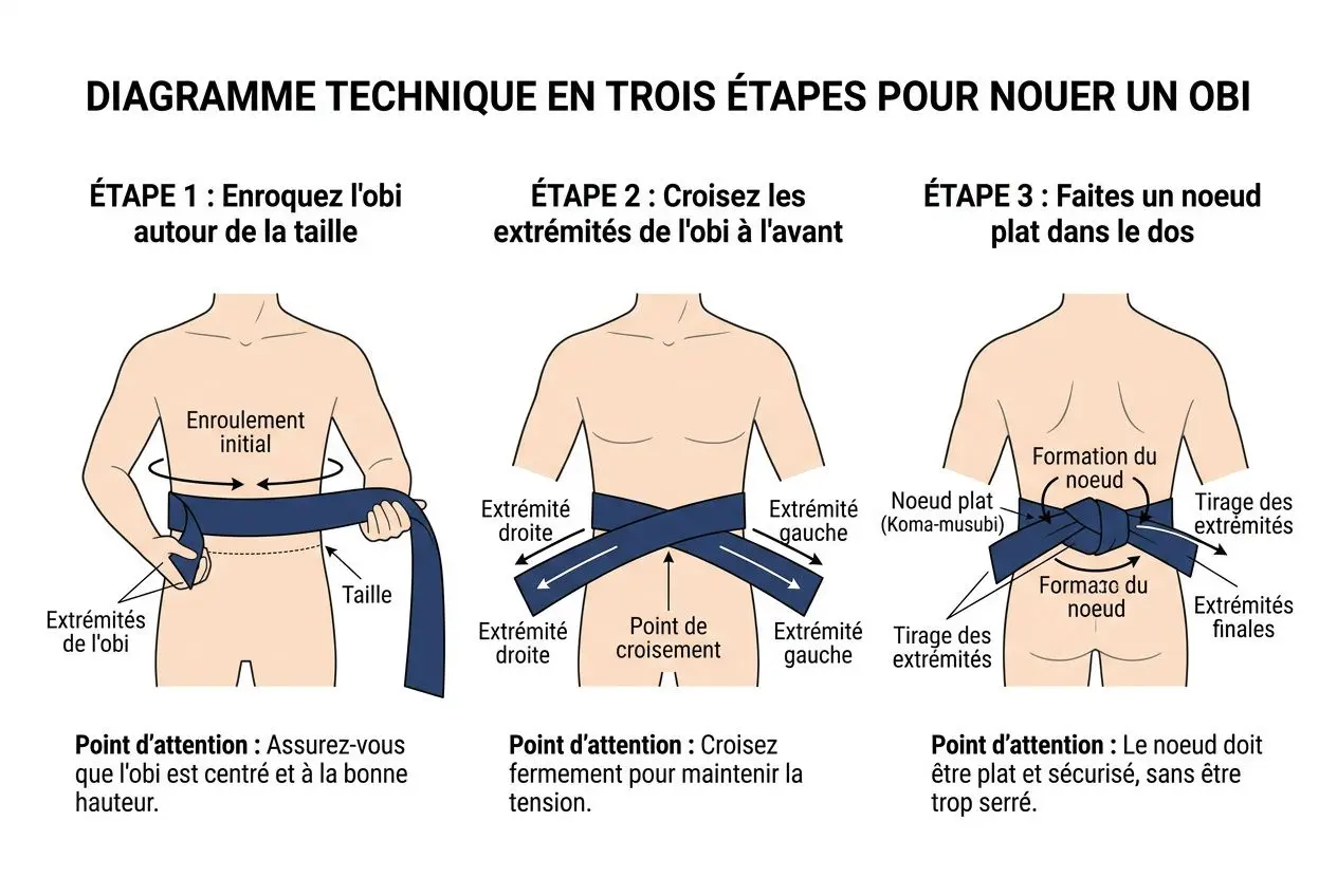 Diagramme technique en trois étapes pour nouer un obi, avec enchaînements autour de la taille, extrémités et formation du nœud (port du obi). tutoriel porter ceinture obi intégré.