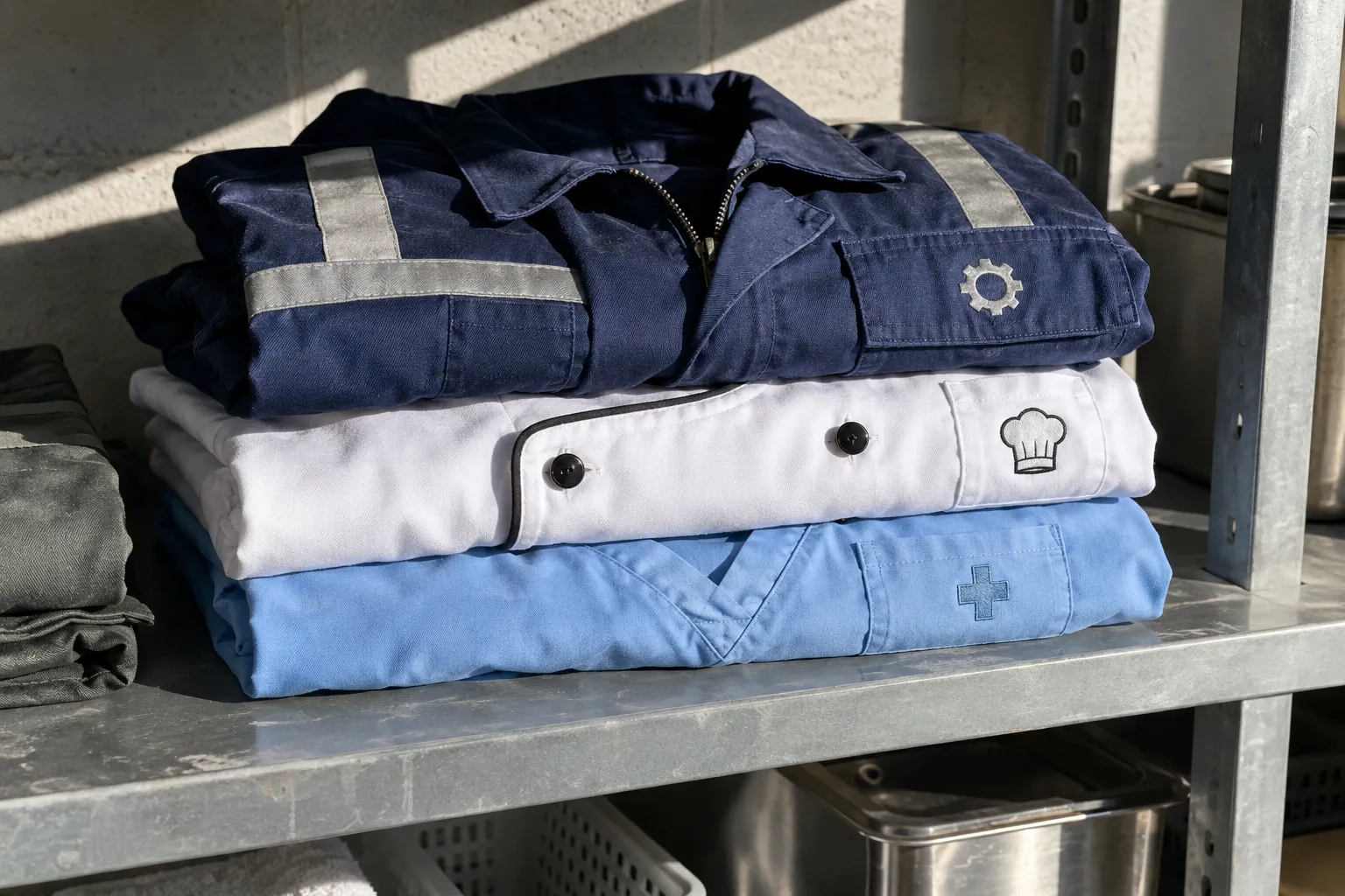 Pile de vêtements de travail pliés sur une étagère, avec une veste bleu foncé à bandes réfléchissantes sur le dessus, puis