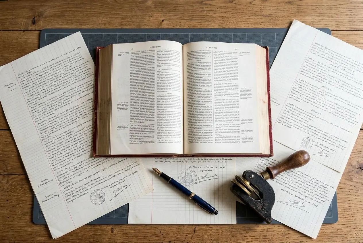 Livre ouvert entouré de documents juridiques et de sceau, plume et timbre sur un bureau en bois. intégration: les types de preuves juridiques.