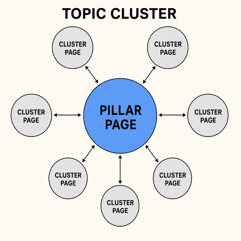 Topic cluster diagram showing the pillar page linked to its cluster pages.