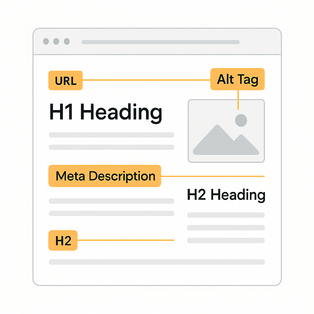 Infographie des éléments SEO on-page essentiels sur une page web : balises de titre H1 et H2, URL optimisée, meta description et balise alt descriptive pour l'image.