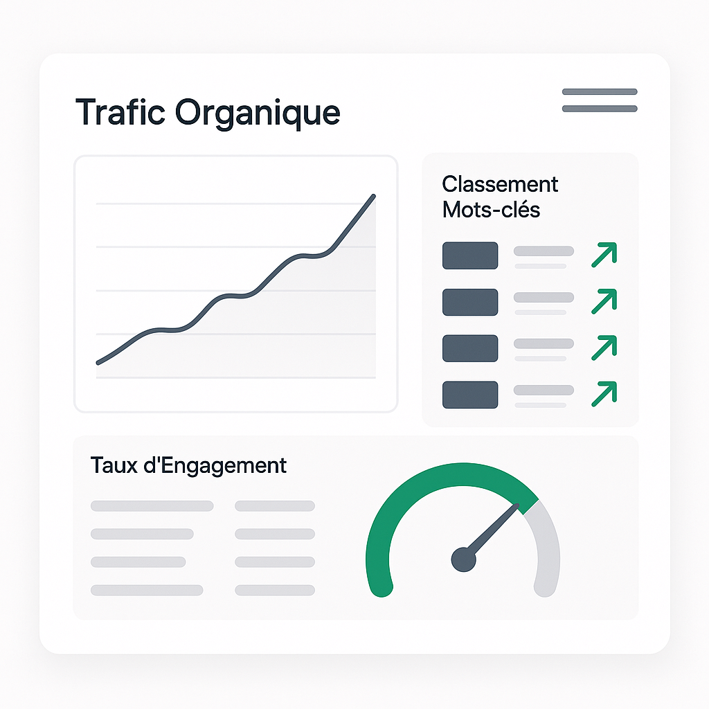 Exemple de tableau de bord pour mesurer le succès du content marketing, montrant des graphiques de trafic organique, de classement SEO et d'engagement.