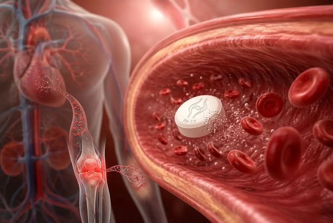Injection de médicament dans une artère près d’un joint douloureux, illustrant le rhumatisme psoriasique et les traitements injectables.