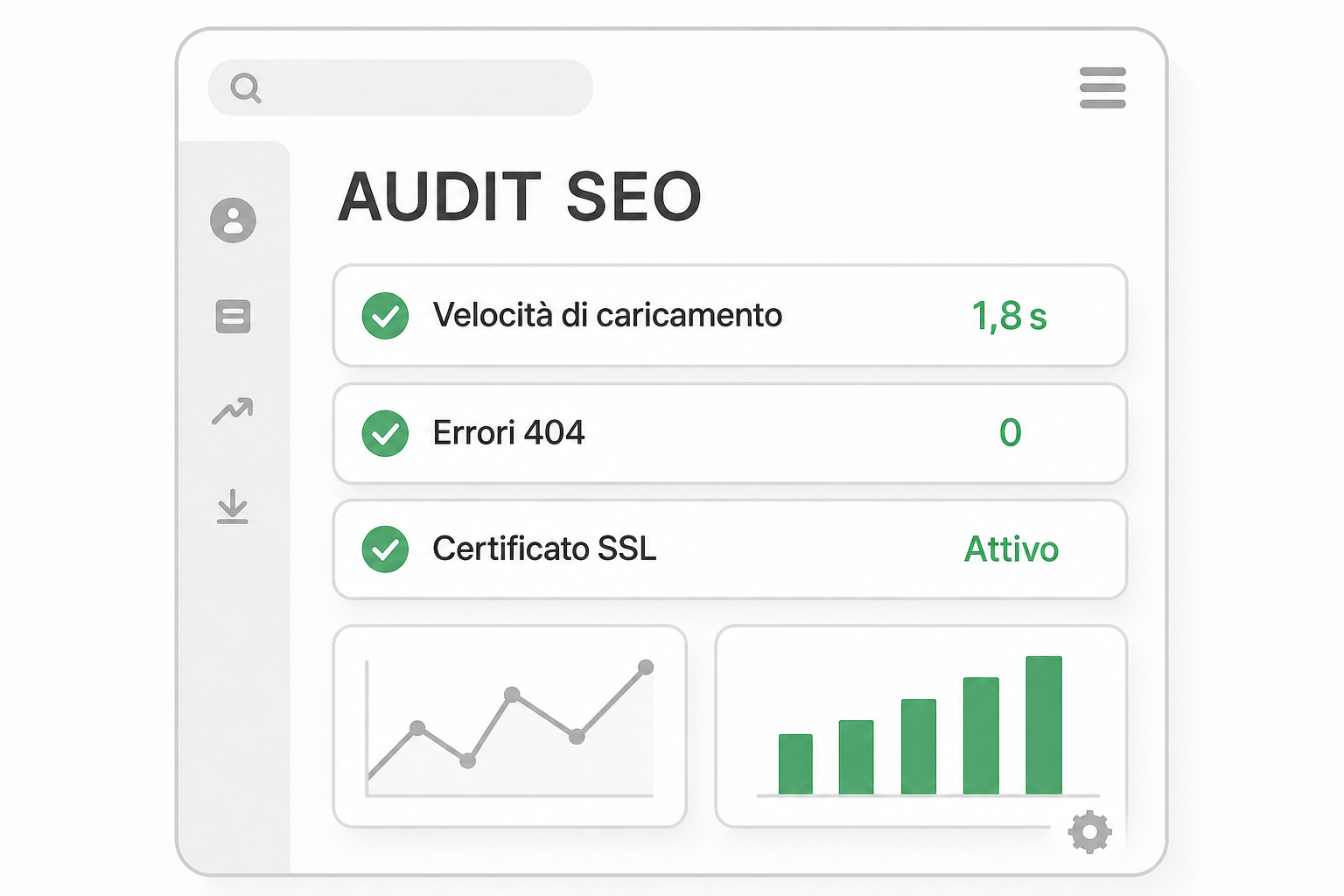 Vista di uno strumento di audit tecnico con pagine scansionate, errori rilevati e stato di indicizzazione.