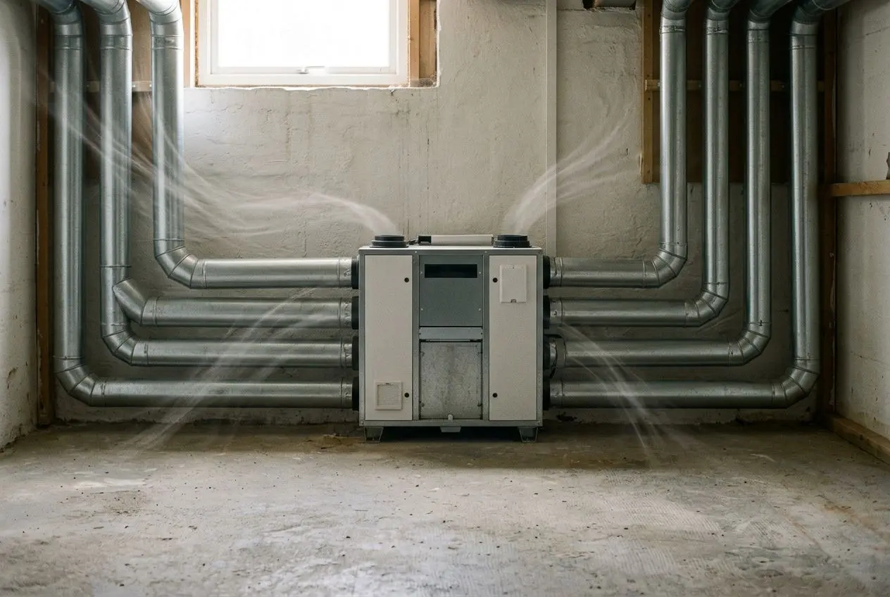 VMC maison individuelle : unité de ventilation centrale dans un underfloor de cave, conduits métalliques radiants sur les murs, flux d’air visibles.