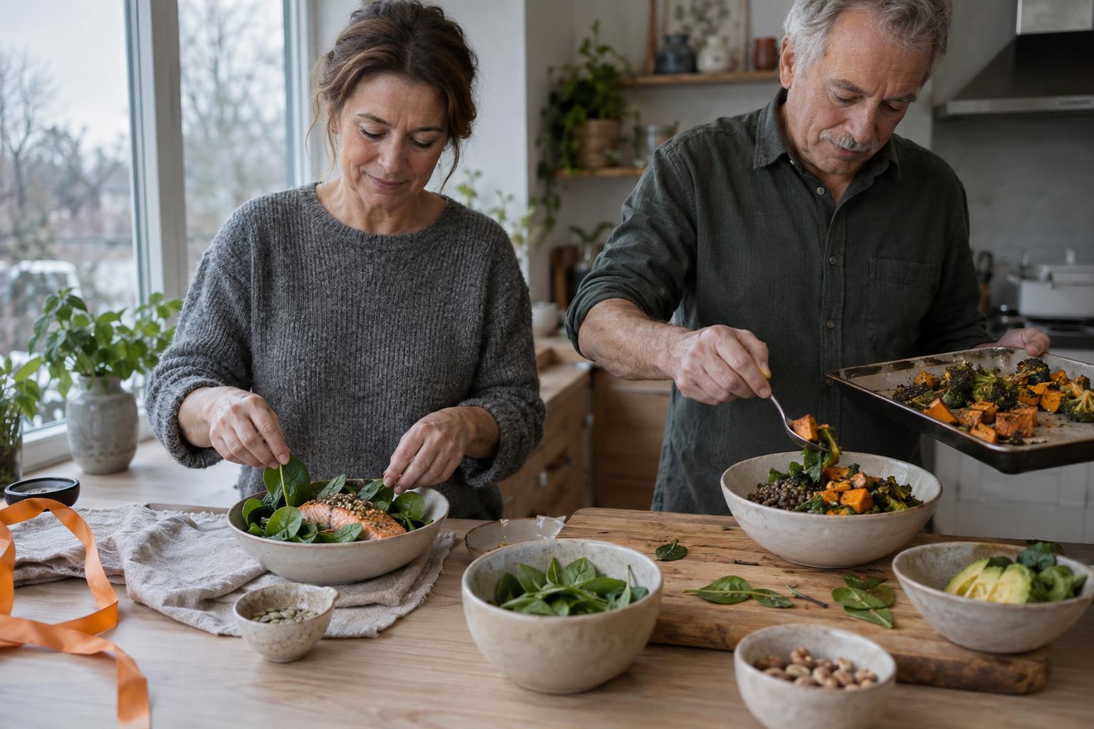 Deux personnes préparant des salades et des plats chauds dans une cuisine lumineuse