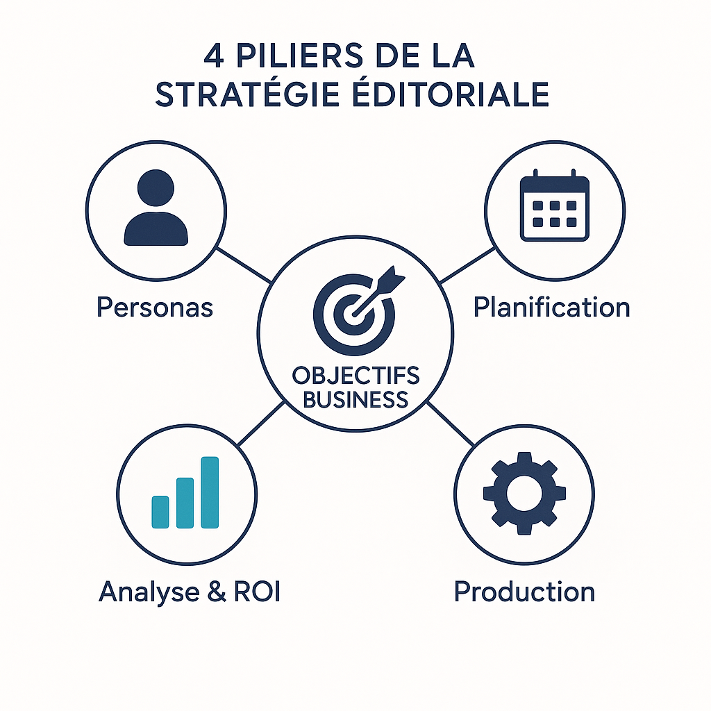 Schéma illustrant les quatre piliers de la stratégie éditoriale : Objectifs, Personas, Planification, Production et Analyse.