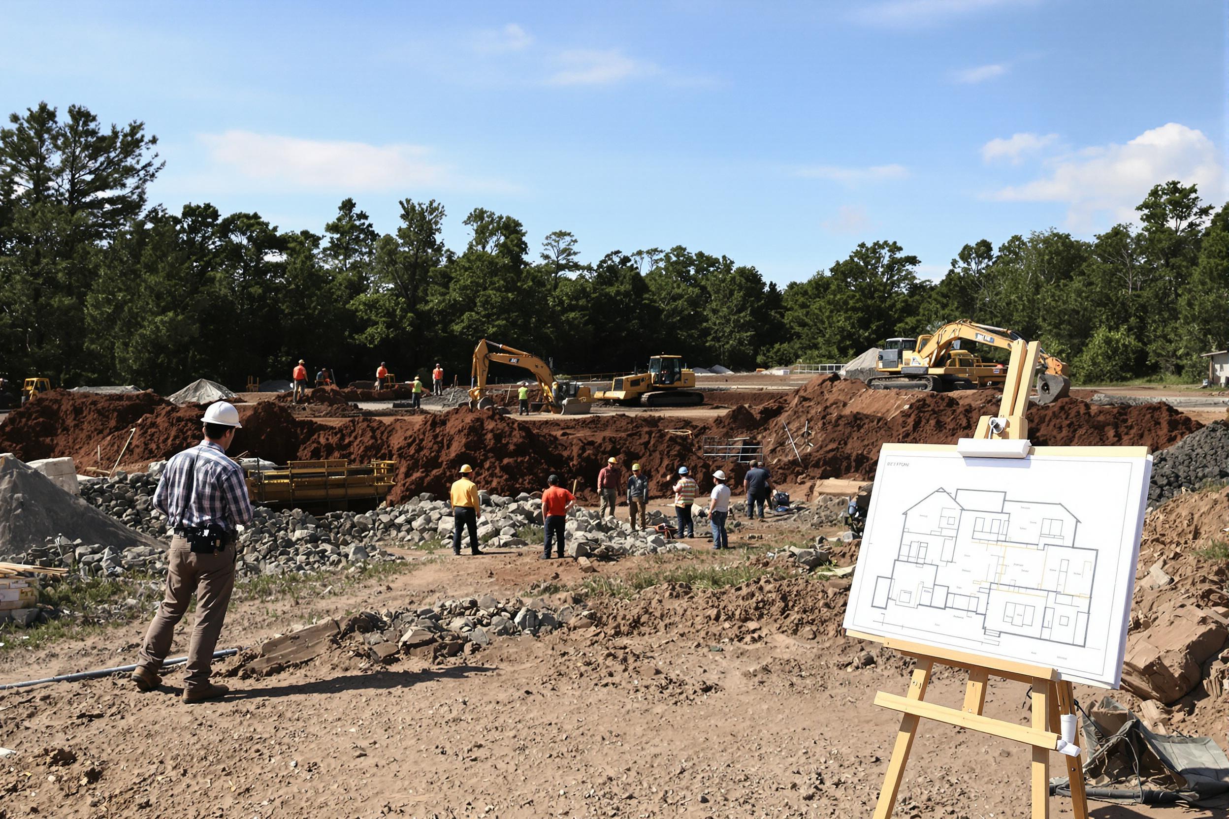 Chantier de construction avec travaux de terrassement en cours