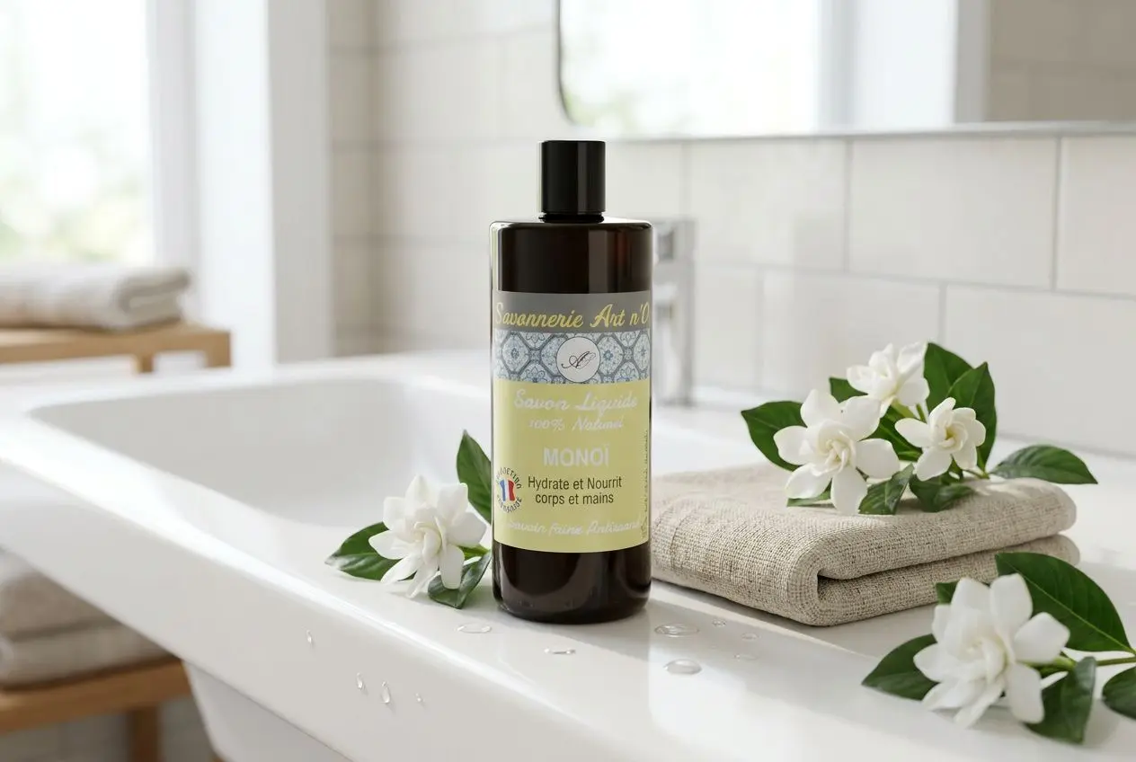 Bouteille de cosmétique naturel bio sur un lavabo, entourée de fleurs blanches et d’un linge beige, dans une salle de bains lumineuse.