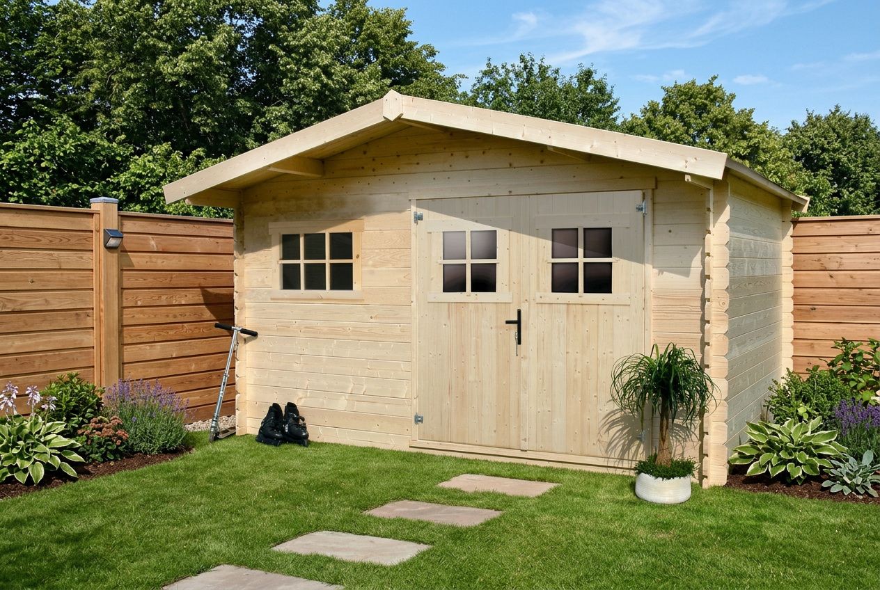 Abri de jardin en bois posé sur pelouse avec allée de dalles, entouré de clôture et de plantes, porte double et petites fenêtres. comment installer abri de jardin.