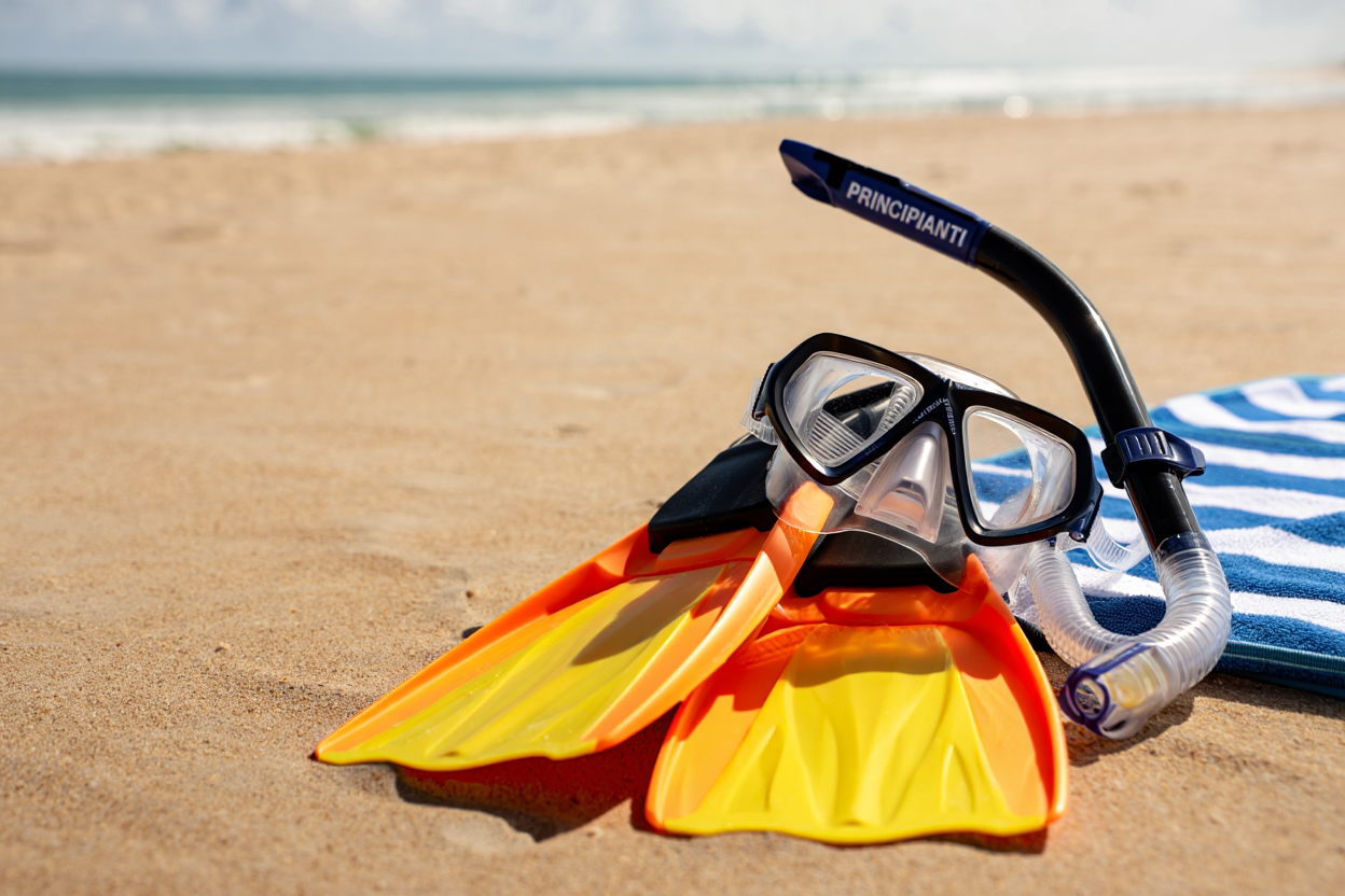 Attrezzatura snorkeling completa disposta sulla sabbia