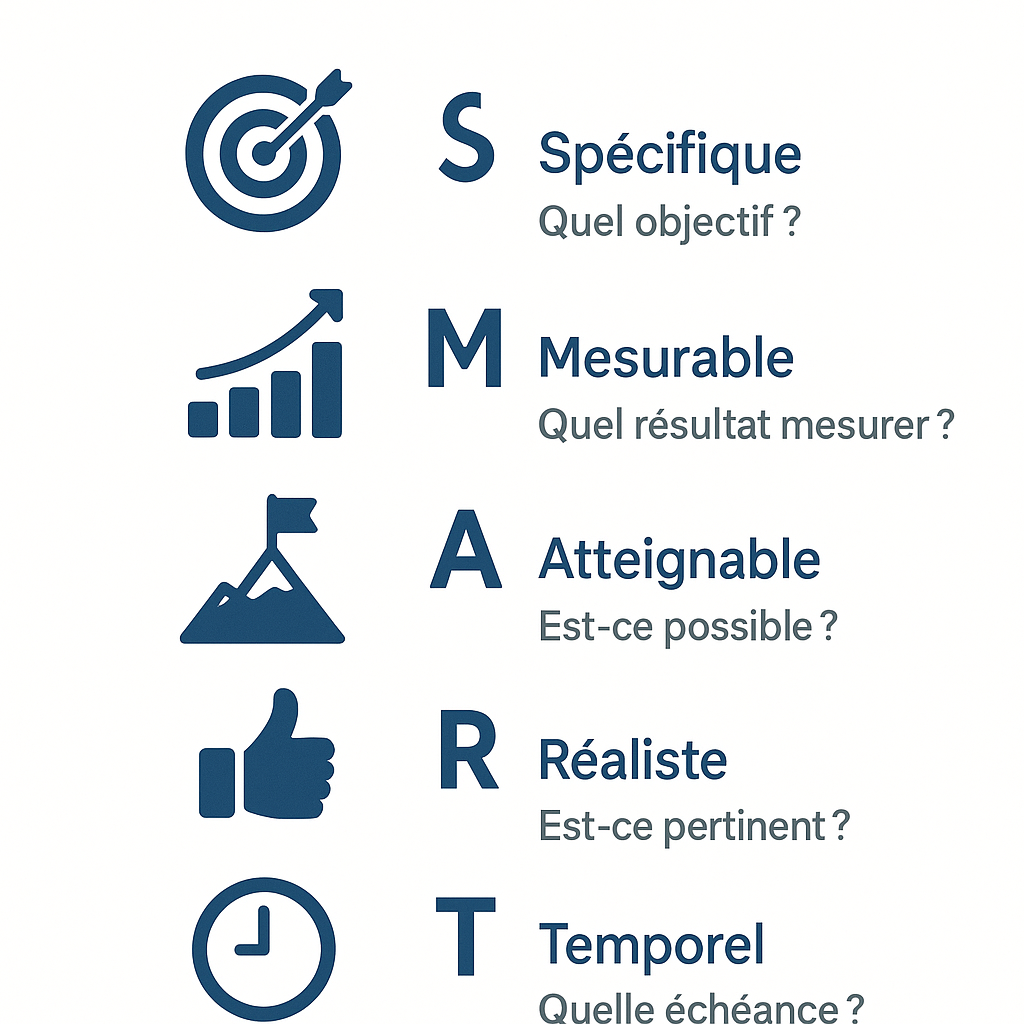 Schéma pédagogique illustrant la méthode des objectifs SMART avec des icônes et des questions clés pour chaque critère : Spécifique, Mesurable, Atteignable, Réaliste et Temporel.