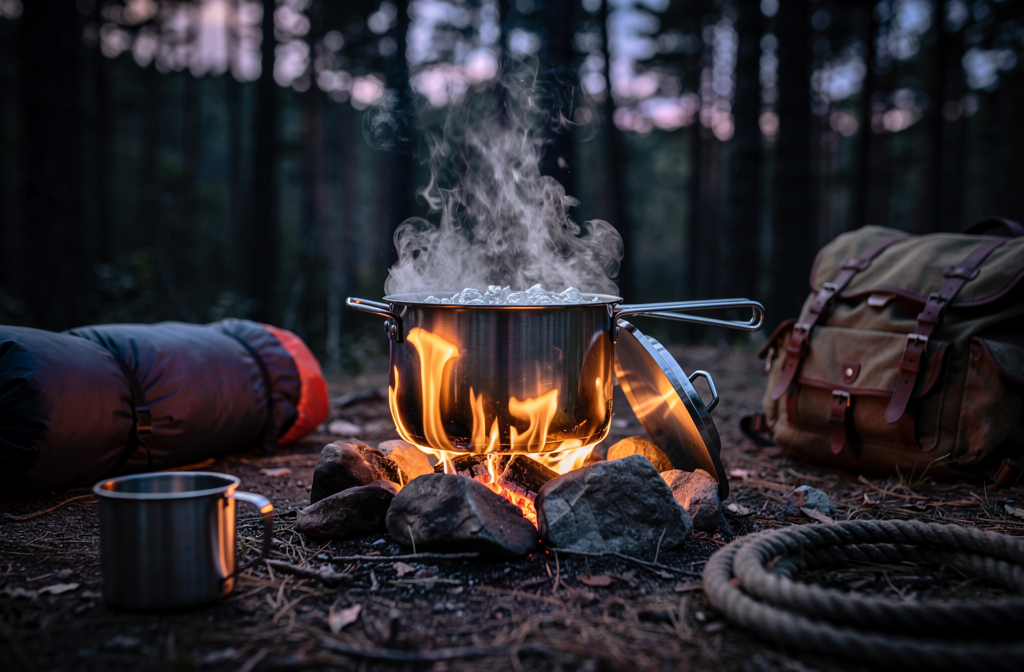 Eau bouillante sur feu de camp