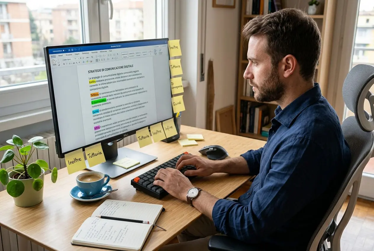 Persona al computer con post-it gialli attorno al monitor, lavora su contenuti SEO e parole di transizione SEO.