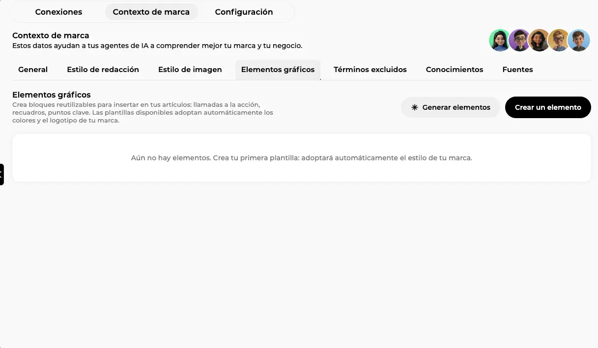 Pestaña Elementos gráficos con la biblioteca vacía y el mensaje que invita a crear la primera plantilla