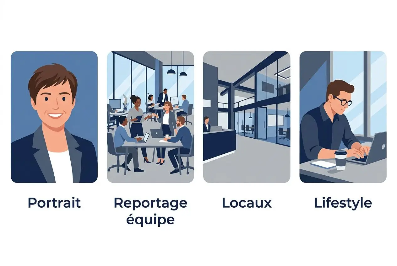 Portrait, reportage équipe, locaux et lifestyle: c'est quoi une photo corporate illustrant les différents types de prises de vue.