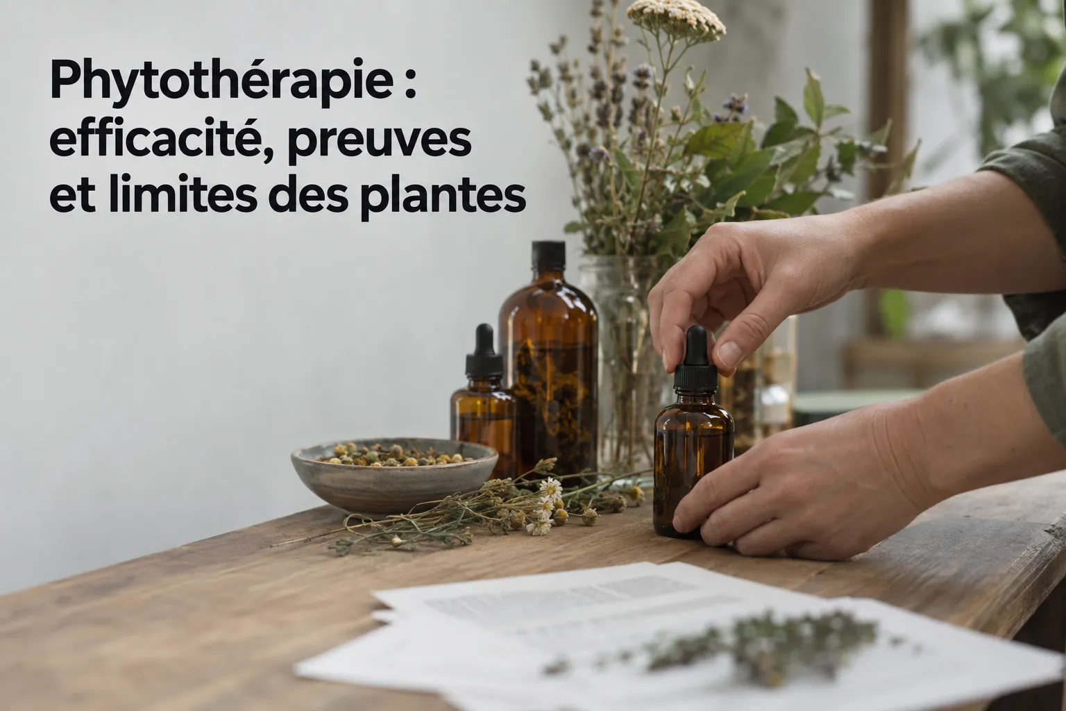 Préparations à base de plantes et flacons en verre sur une table avec des herbes et des feuilles.